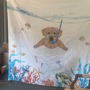 Snorkeling dog shower curtain with hooks